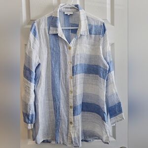 Habitat Large Linen Blouse Blue White Long Sleeve Shell Buttons